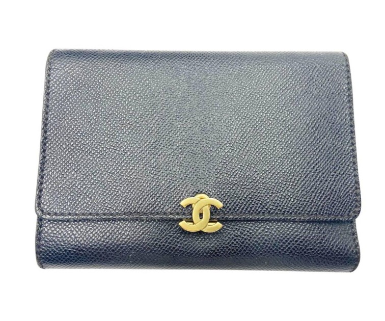 Chanel Gold CC Black Tri-Fold Wallet