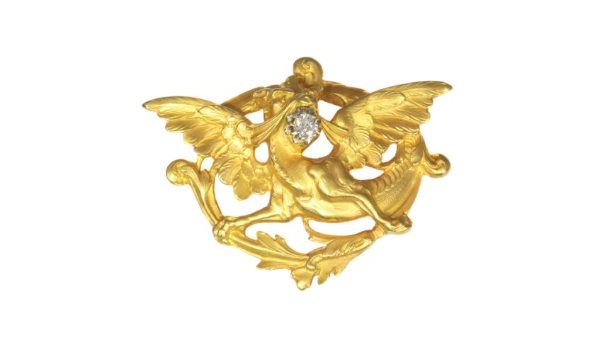 19th Century Gold Griffin Brooch with Diamond