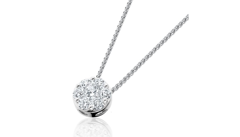  14KT White Gold Round Diamond Cluster Necklace with 1.00 carats