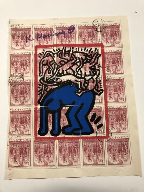 Drawing by Keith Haring on Sheet of Stamps