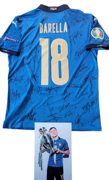 Barella's Issued Shirt, Italy vs England Final Euro 2020 - Signed by the Team