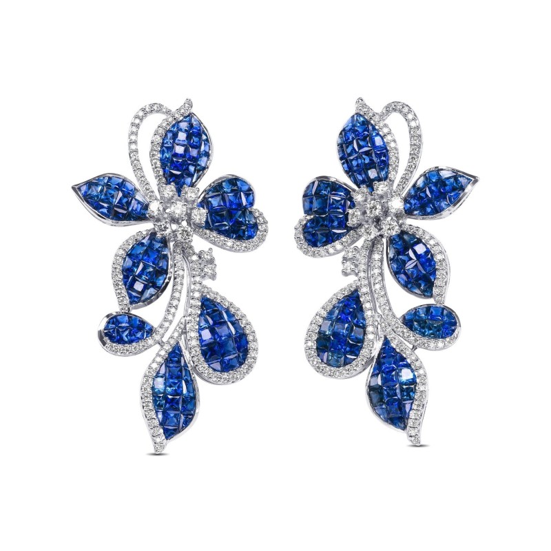 AAA 15.94 Cttw Blue Sapphire and 0.82 Diamonds 18K White Gold Earrings