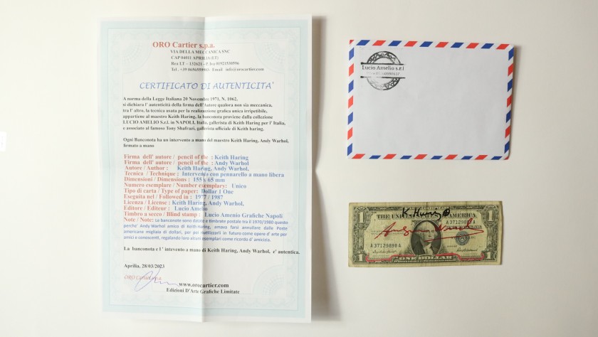 One-Dollar Bill Hand Signed by Keith Haring and Andy Warhol