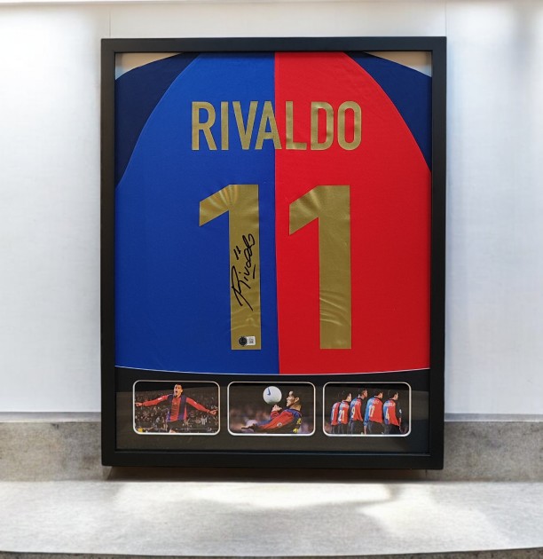 Maglia Barcellona Rivaldo in cornice deluxe di alta qualità - Autografata