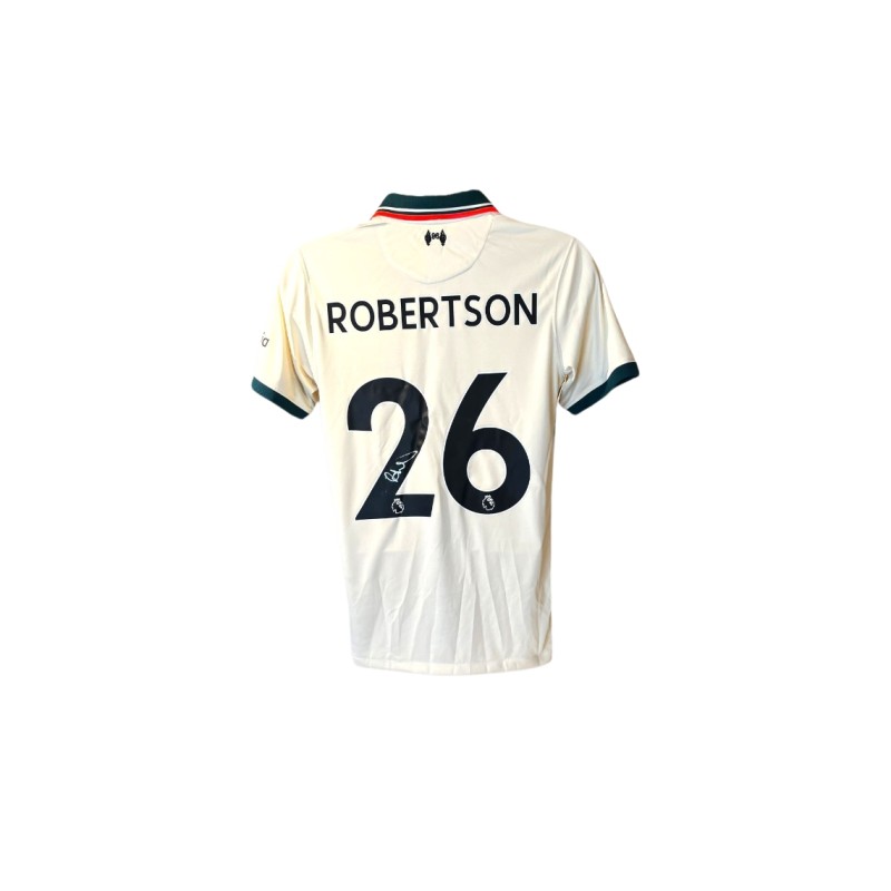 La replica della maglia da trasferta firmata da Andy Robertson per il Liverpool 2021/22