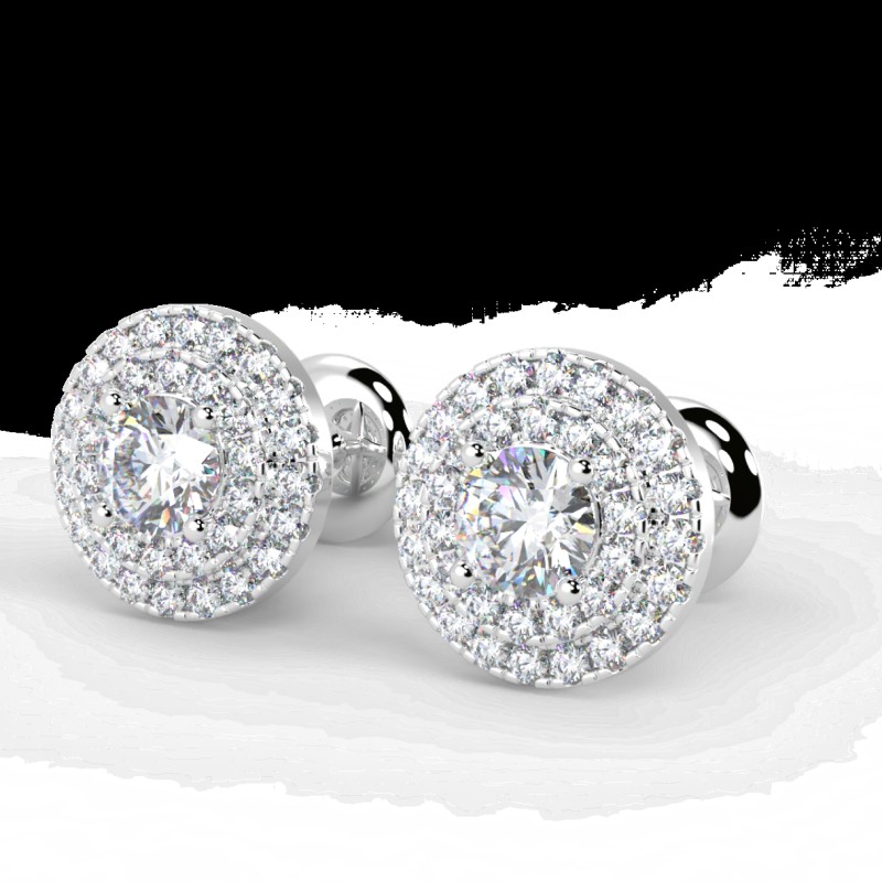 A Pair of Double Halo Set Round Brilliant Cut 18 Carat White Gold Diamond Earrings