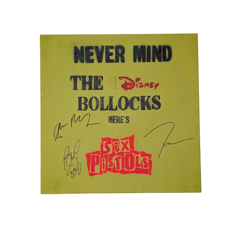 Glen Matlock, Frank Carter and Paul Cook of the Sex Pistols Signed Jagga “Never Mind The Disney Bollocks” Art Canvas