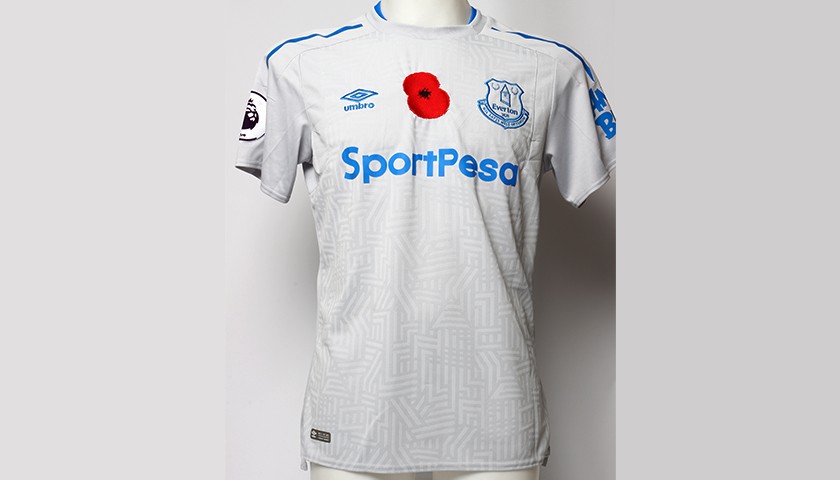 Worn Poppy Away Game Shirt Signed by Everton FC's Tom Davies