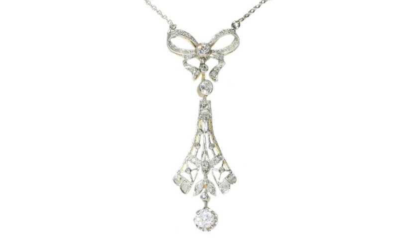 Belle Époque Turn of the Century Diamond Lacey Necklace with Bow Motif