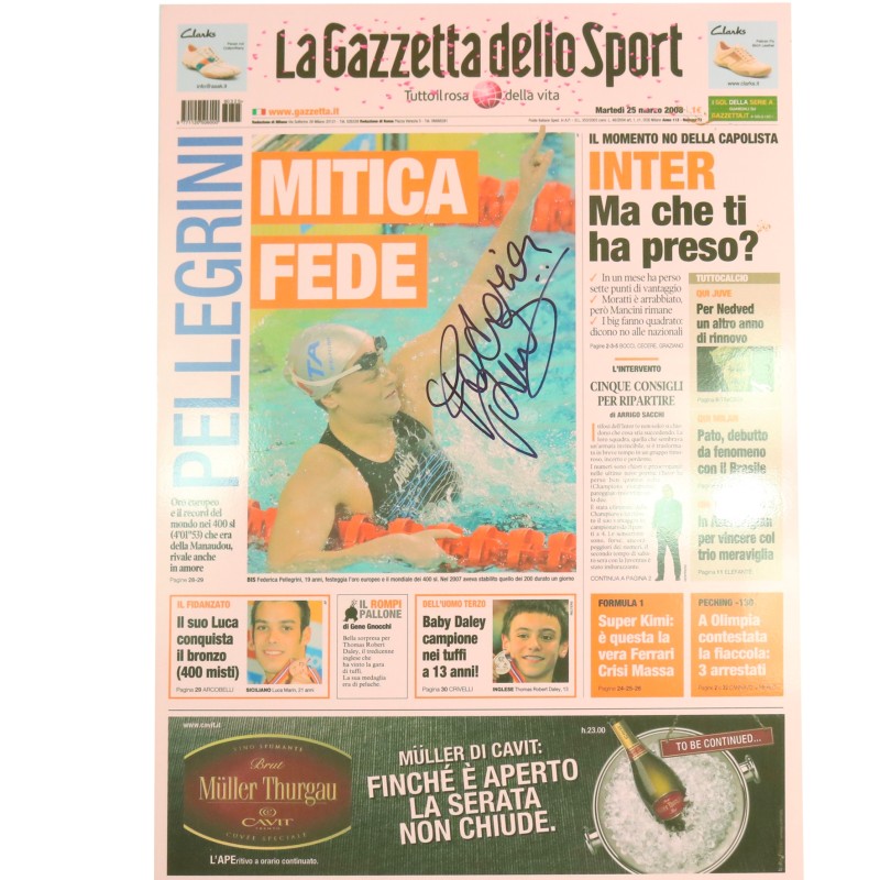Prima pagina di Gazzetta autografata da Federica Pellegrini