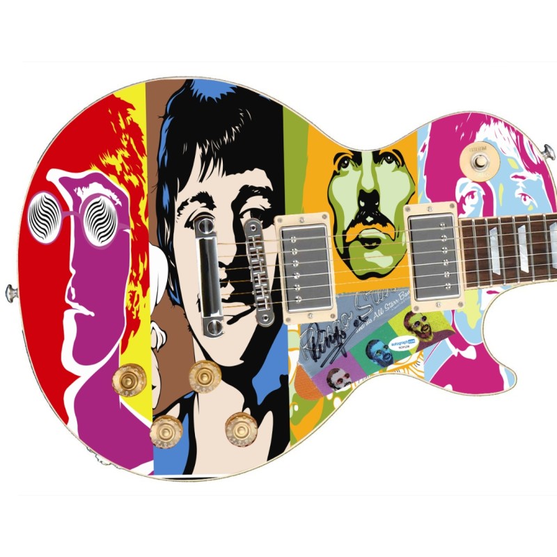 Ringo Starr dei Beatles ha firmato la chitarra con grafica personalizzata "Peace and Love-Imagine".