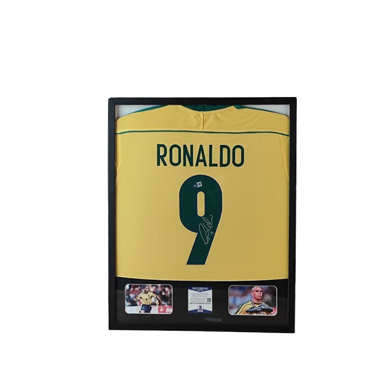Ronaldo's Brazil Signed Shirt in a Deluxe High-Quality Frame