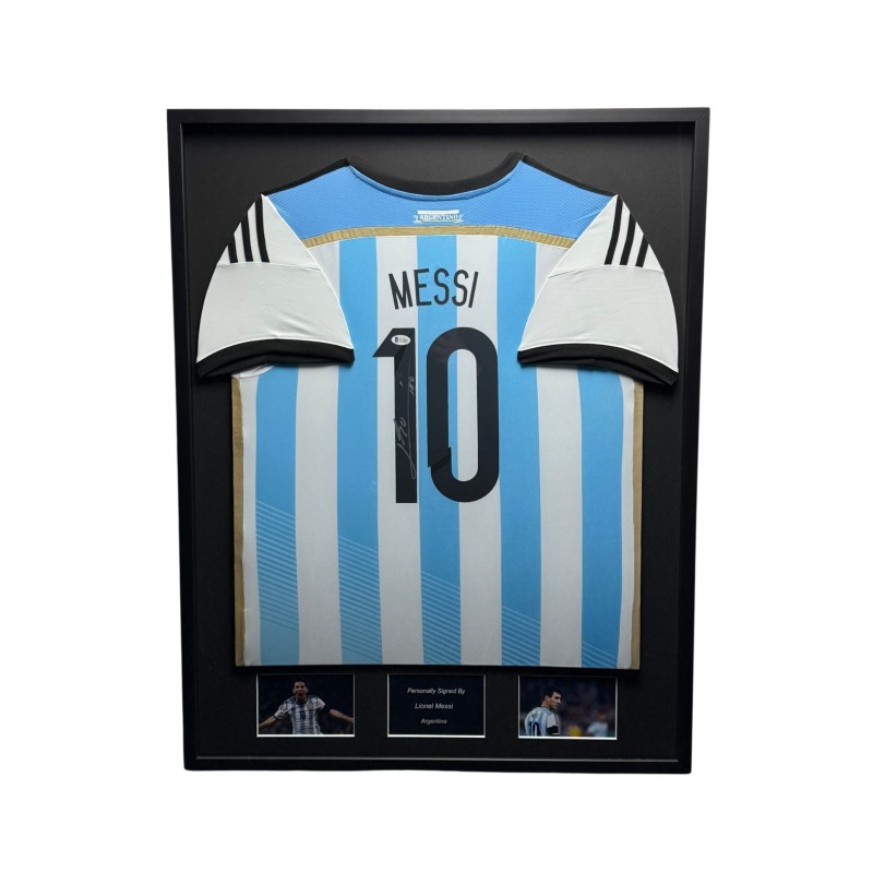 Camicia dell'Argentina di Lionel Messi firmata e incorniciata