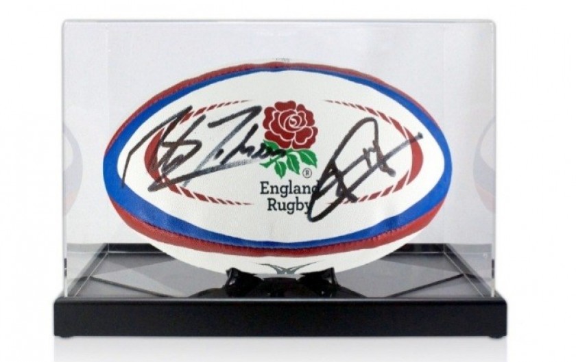 Jonny Wilkinson and Martin Johnson Signed Rugby Ball in Display Case