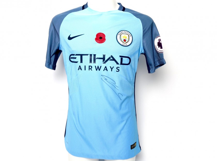 Sane Worn and Signed Manchester City Poppy Shirt