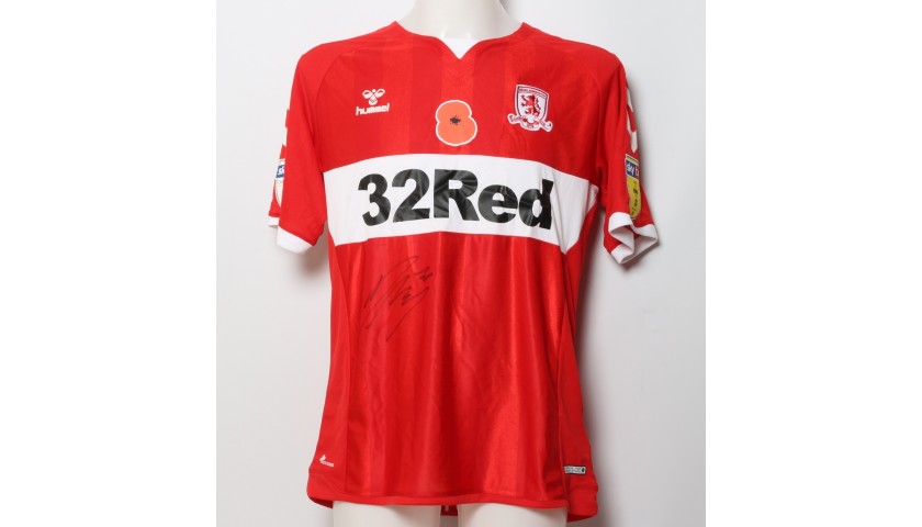 Dael Fry's Middlesbrough Worn and Signed Home Poppy Shirt 