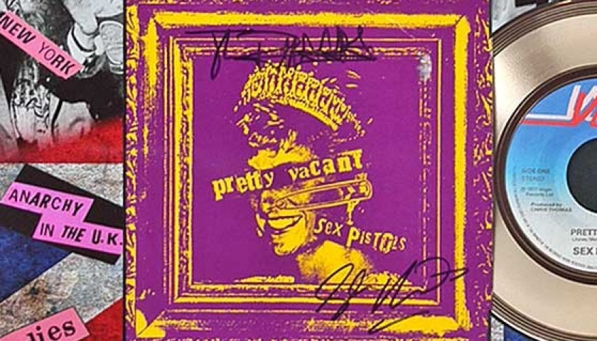 Rotten And Matlock Of Sex Pistols Signed Pretty Vacant Gold Disc Charitystars