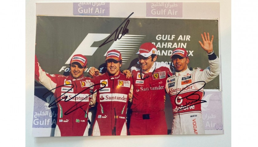 Photograph Signed by Lewis Hamilton, Fernando Alonso and Felipe Massa