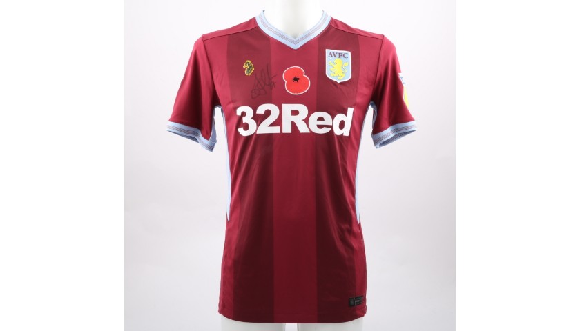 Albert Adomah's Worn and Signed Aston Villa Home Poppy Shirt