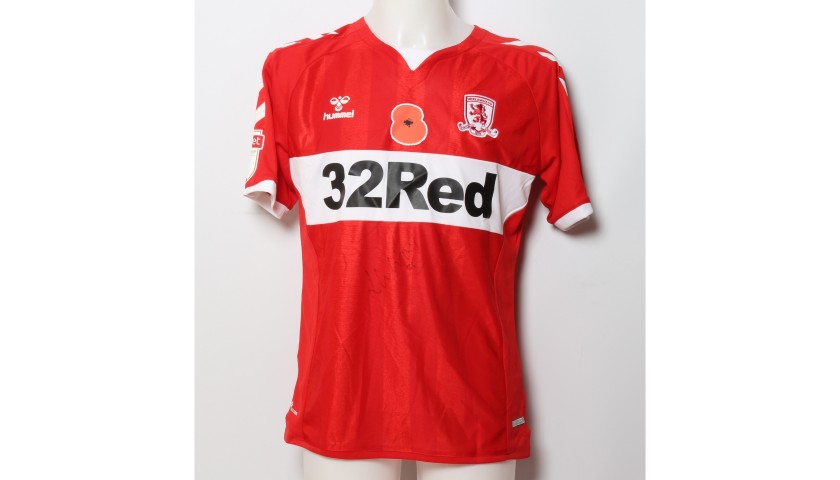 Lewis Wing's Middlesbrough Worn and Signed Home Poppy Shirt 