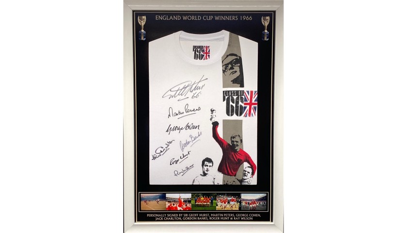 England 1966 World Cup Signed By 7 Retro T-Shirt and Photo Display Framed