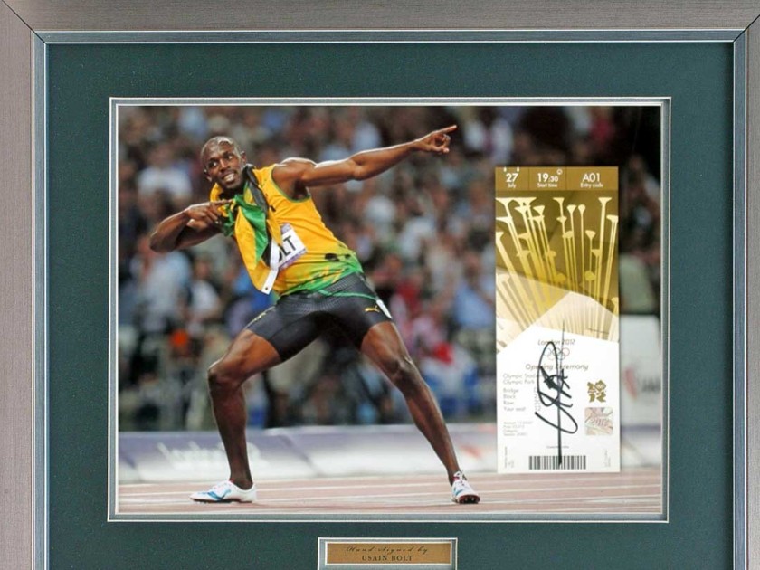 Biglietto delle Olimpiadi di Londra 2012 firmato e incorniciato da Usain Bolt