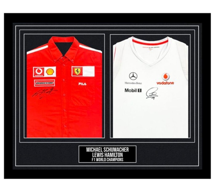 Michael Schumacher and Lewis Hamilton Signed and Framed Shirts