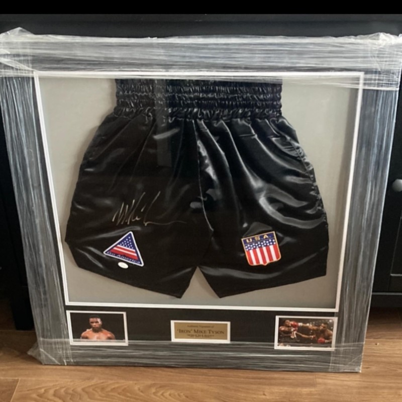 Mike Tyson Signed Boxing Shorts Display