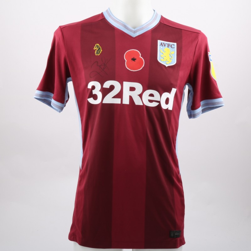 Birkir Bjarnason's Worn and Signed Aston Villa Home Poppy Shirt