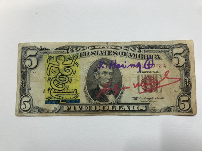 Dollars hand-drawn and signed by Keith Haring and Andy Warhol