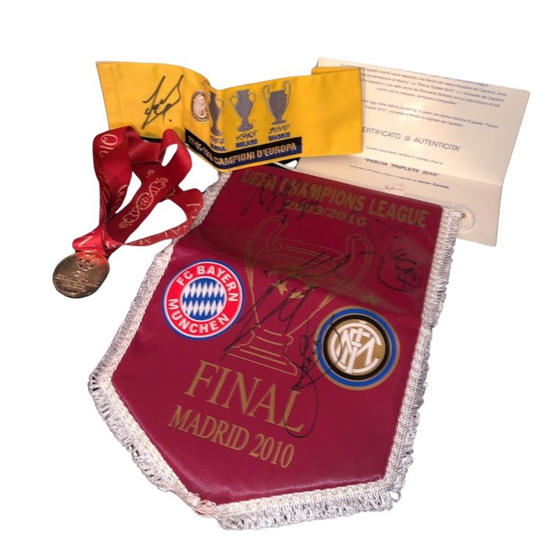 Inter's Signed Pennant + UCL Replica Medal + "Triplete" Armband Signed by Javier Zanetti