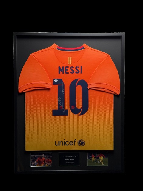 Maglia da trasferta firmata e incorniciata di Lionel Messi del Barcellona 2013/14