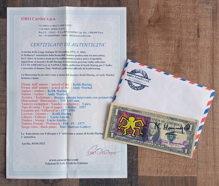 Keith Haring, Andy Warhol and Lucio Amelio Signed One Dollar Banknote