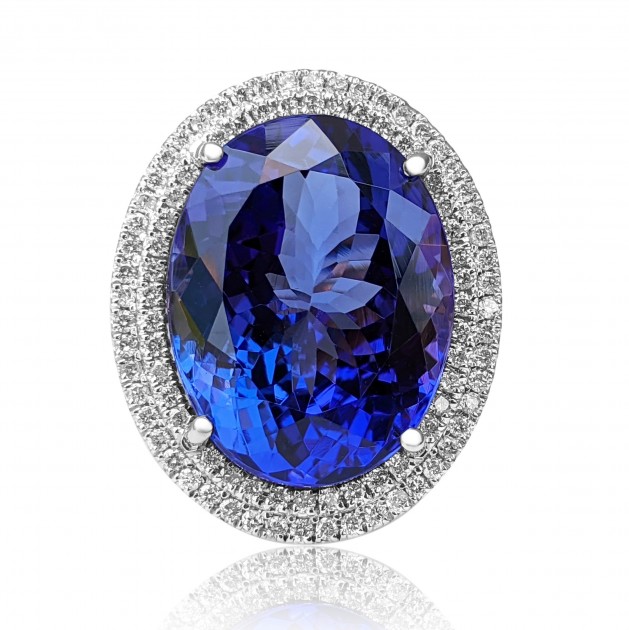 25.65 Carat Violetish Blue Tanzanite and 0.90 Ct Diamonds 18K White Gold Ring