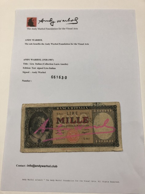 Andy Warhol Hand-Signed 1000-Lire Note