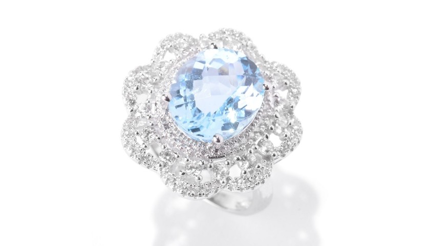 Blue Topaz and White Zircon Flower Halo Ring