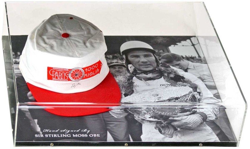 Sir Stirling Moss Signed 1000 Miglia Race Cap in Display Case