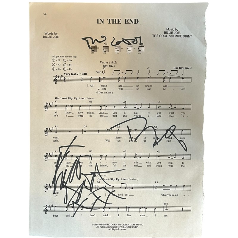 Green Day Signed 'In The End' Sheet Music