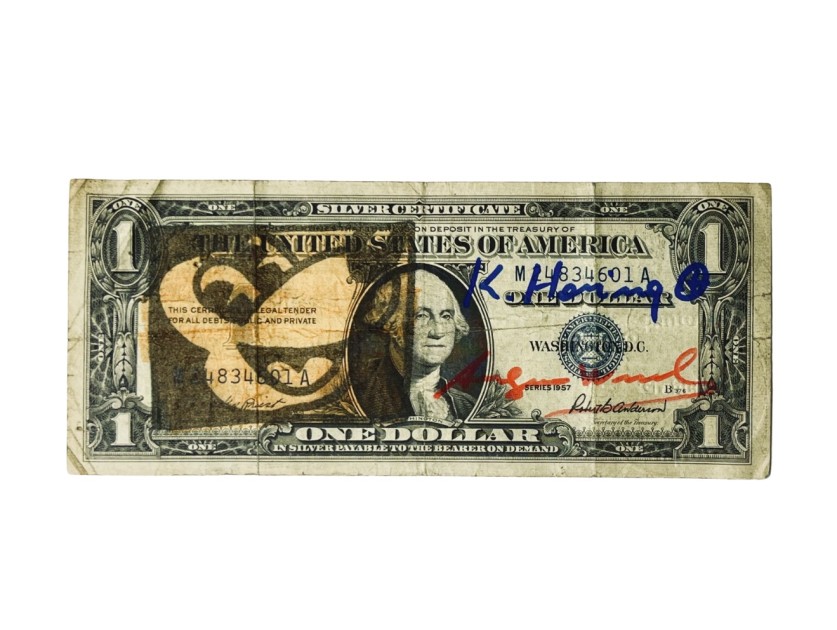 Opera "1 Dollaro" di Keith Haring e Andy Warhol firmati e disegnati a mano