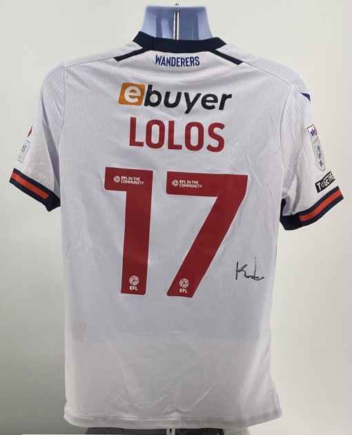 Maglia firmata di Klaidi Lolos del Bolton Wanderers, contro lo Shrewsbury, indossata durante la partita