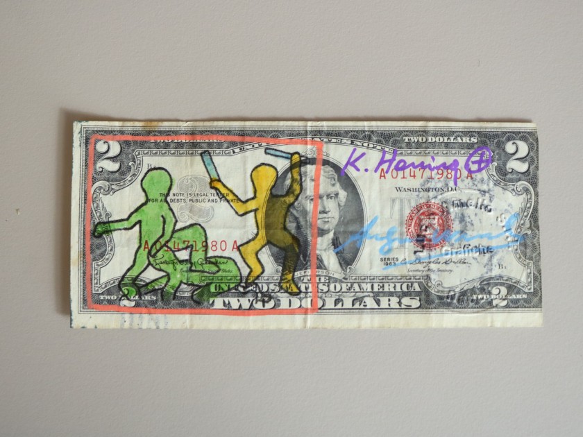 Two-Dollar Bill Hand Signed by Keith Haring and Andy Warhol