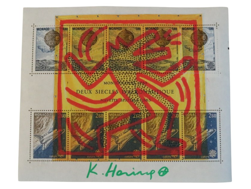 Drawing by Keith Haring on Sheet of Stamps