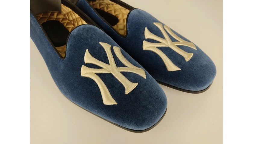 Gucci Blue Velvet Loafers with NY Yankees Embroidery