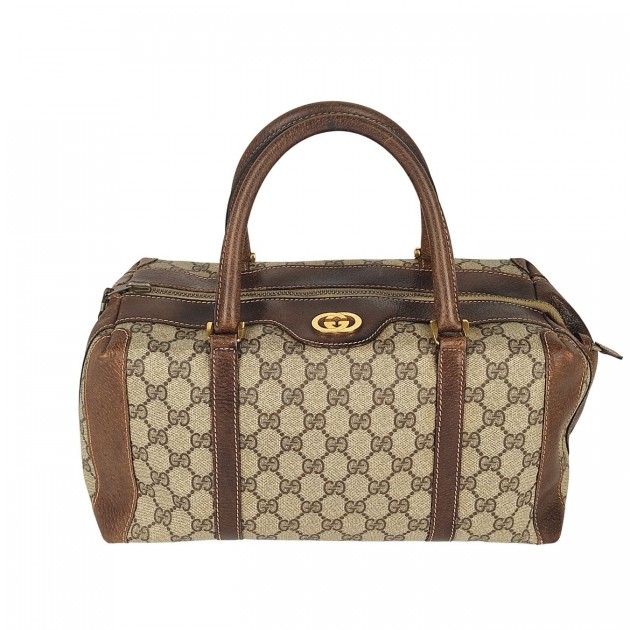 Gucci Brown Coated Canvas Monogram Top Zip Handbag Boston Bag Bag
