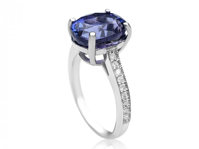 6.05 Carat Bluish Violet Tanzanite And 0.20 Ct Diamonds 14K White Gold Ring
