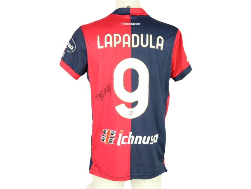 Lapadula's Unwashed Signed Shirt, Cagliari vs Hellas Verona 2024 "Keep Racism Out"