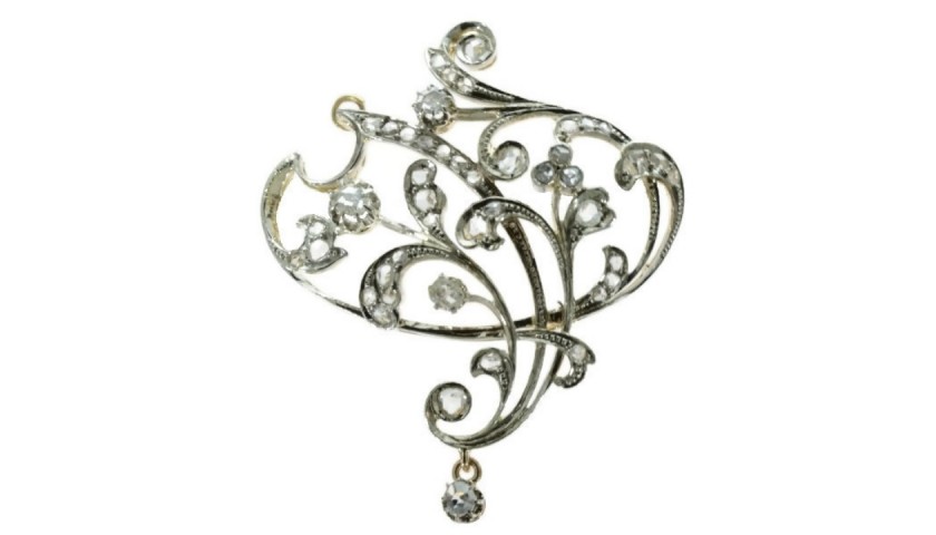 Art Nouveau Brooch and Pendant in Gold with Rose Cut Diamonds
