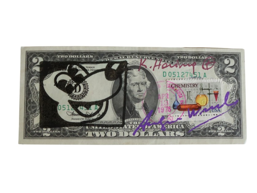 Two-Dollar Bill Hand Signed by Keith Haring and Andy Warhol