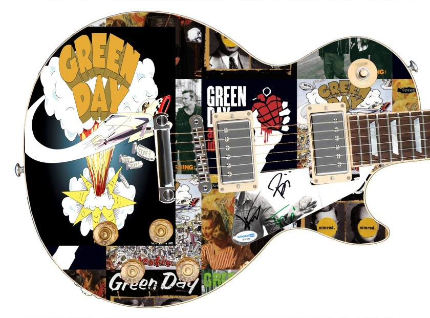 Chitarra grafica firmata "Dookie Discography" dei Green Day in edizione personalizzata