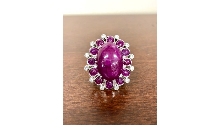  Handmade 18KT White Gold Diamond and Cabochon Ruby Ring